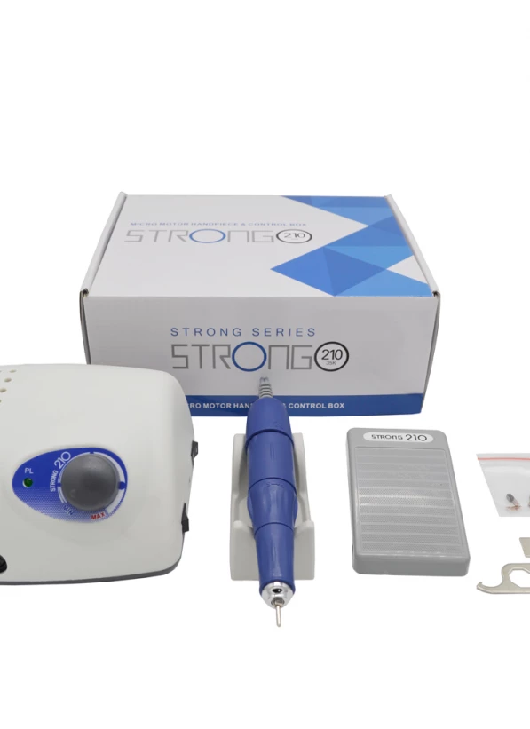 Strong 210 is a fast, convenient, safe and easy-to-use nail modeling device. The device is suitable for: manicure and pedicure, podology.Characteristics:Color: The nail drill -  grey,the handle  - blueStepless speed controlSpeed: from 0 to 50,000 rpm, adjustable by hand and foot pedal.Input: 110V AC 60HZ            220V AC 50HZ Output: DC 0 – 32VPower: 65W max.Made in: DongGuan Zeal Shine Electric Appliance Co., LTD, China...