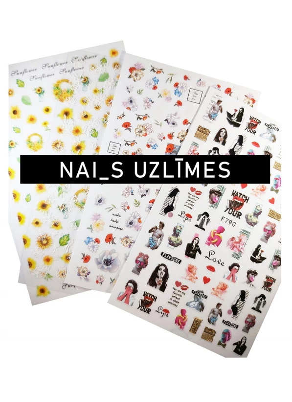 Different types of nail stickers. Suitable for both sculpted nails and gel polish finish. Do not require any accessories. After polymerizing the gel polish, remove the tacky layer, and apply the sticker. Finish with a NAI_S Cosmetics top coat....