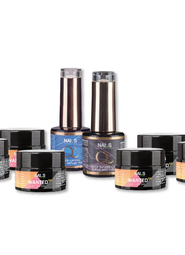 Wanted Gel starter kit includes:- Quick Builder Clear Rubber base UV/LED, 8 ml;- Quick Crystal Shine without sticky layer UV/LED, 8ml;- 6 WANTED Q5 UV/LED Builder Gels, 5ml:   -Mood   - Nude Sparkle   - Pastel porcelan   - Caramel   - Milky Way   - Bubble gum....