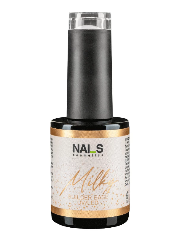 Milky Builder Base – a milky-colored base/gel with perfect persistence and excellent self-leveling abilities. This base/gel is a unique product with many uses:• base for gel polishes• BIO gel• gel for lengthening natural nail (extensions)• for coating, strengthening and leveling the surface of a natural nail• nail prosthesis product.Does not burn, does not crack. The product is soak-off.Size: 15mlPolym.time: LED 30sek, UV 1min...