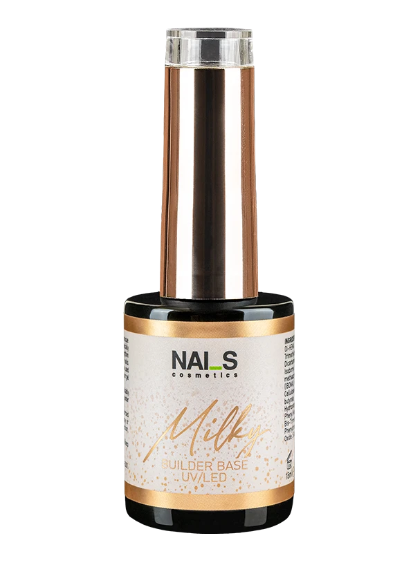 Milky Builder Base – a milky-colored base/gel with perfect persistence and excellent self-leveling abilities. This base/gel is a unique product with many uses:• base for gel polishes• BIO gel• gel for lengthening natural nail (extensions)• for coating, strengthening and leveling the surface of a natural nail• nail prosthesis product.Does not burn, does not crack. The product is soak-off.Size: 15mlPolym.time: LED 30sek, UV 1min...