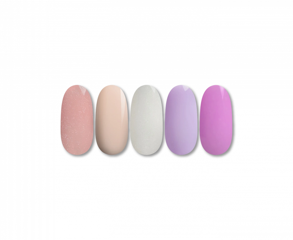 The kit includes the most popular 5 shades x 8ml Quick builder Cover base UV/LED base / gel:
-Sweet Dream,
-Pink Peony,
-May Lilac,
-Milkshake with Sh...