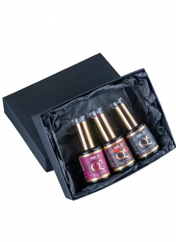   Highly Pigmented Gel Polishes      Discover NAILS Cosmetics “Quick” series of highly pigmented gel polishes,     available in three iconic shades:              Quick French White Line – a pure white shade, perfect       for creating a striking French manicure or covering the entire nail              Quick Classic Red – a classic red shade that adds       elegance and femininity to any manicure              Quick Intensive Black – a deep black shade that provides       intense and fully opaque ...