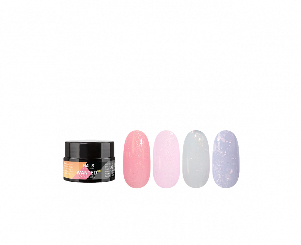 Wanted Gel starter kit includes:
- Quick Builder Clear HYBRID base UV/LED, 8 ml;
- Quick Crystal Shine without sticky layer UV/LED, 8ml;
- 6 WANTED Q5...