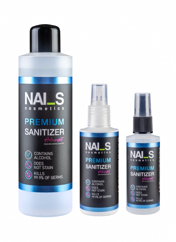 PREMIUM SANITIZER ADASEPT FOR PROFESSIONAL USE: for disinfecting and cleaning hands and nails, work surfaces and instruments. Product dries quickly and does not leave stains. Used also for medical purposes. USE: Spray Sanitizer on hands, work surfaces and nail care tools. Use in small amounts of agent (3ml) in concentrated form, action time 1-2 minutes. After using on hands do not rinse with water. STORAGE: store in well ventilated rooms in temperature from 5-25°C: keep the container tightly sea...