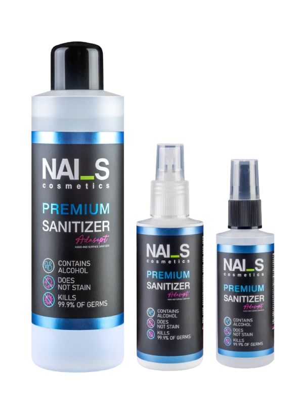 PREMIUM SANITIZER ADASEPT FOR PROFESSIONAL USE: for disinfecting and cleaning hands and nails, work surfaces and instruments. Product dries quickly and does not leave stains. Used also for medical purposes. USE: Spray Sanitizer on hands, work surfaces and nail care tools. Use in small amounts of agent (3ml) in concentrated form, action time 1-2 minutes. After using on hands do not rinse with water. STORAGE: store in well ventilated rooms in temperature from 5-25°C: keep the container tightly sea...